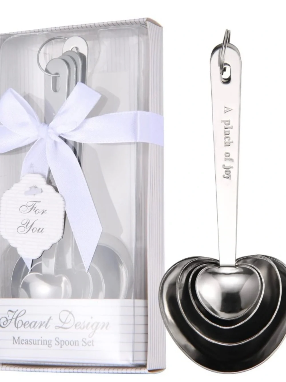 Heart Design Stainless Steel Measuring Spoon Set Gift Box & Ribbon shower gift